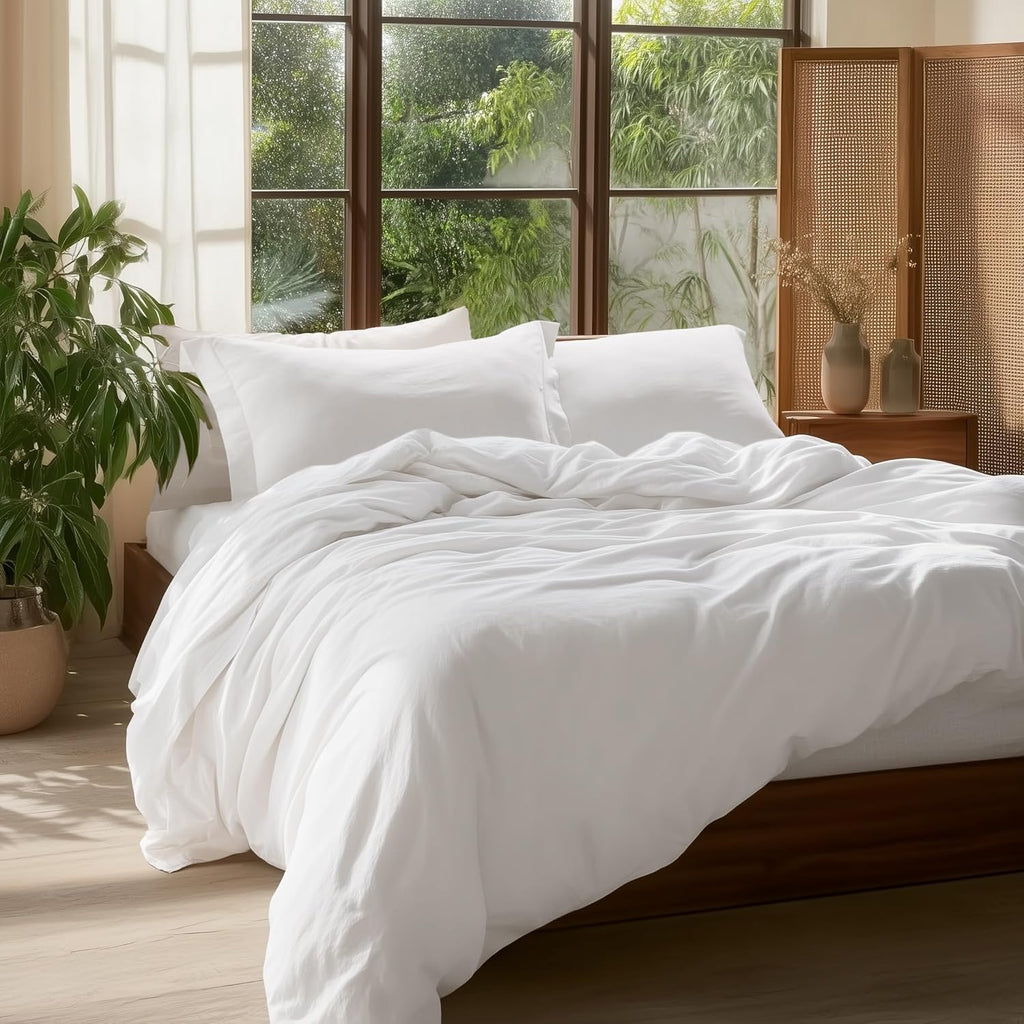 100% Washed Cotton Duvet Cover Set – Queen Size (Natural White)