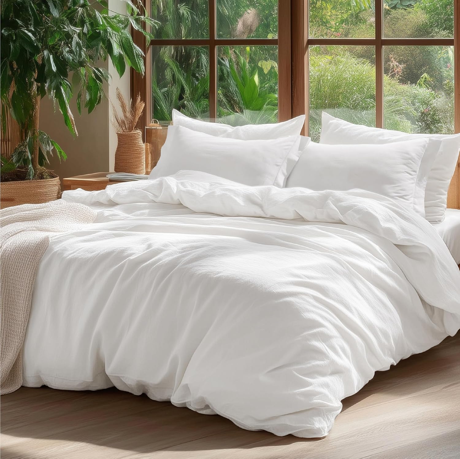 100% Washed Cotton Duvet Cover Set – Queen Size (Natural White)