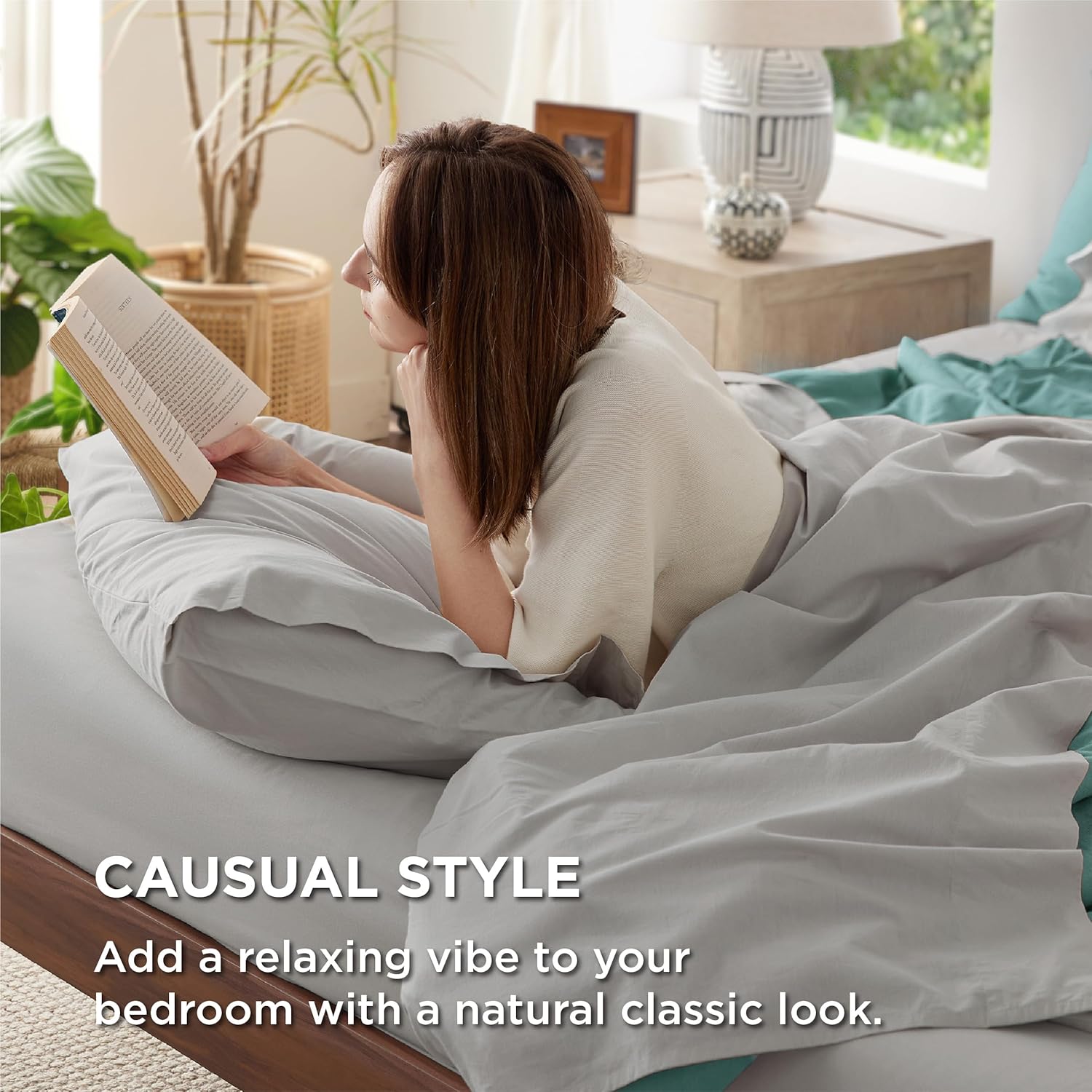 Solavo grey cotton pillowcases stacked detail
