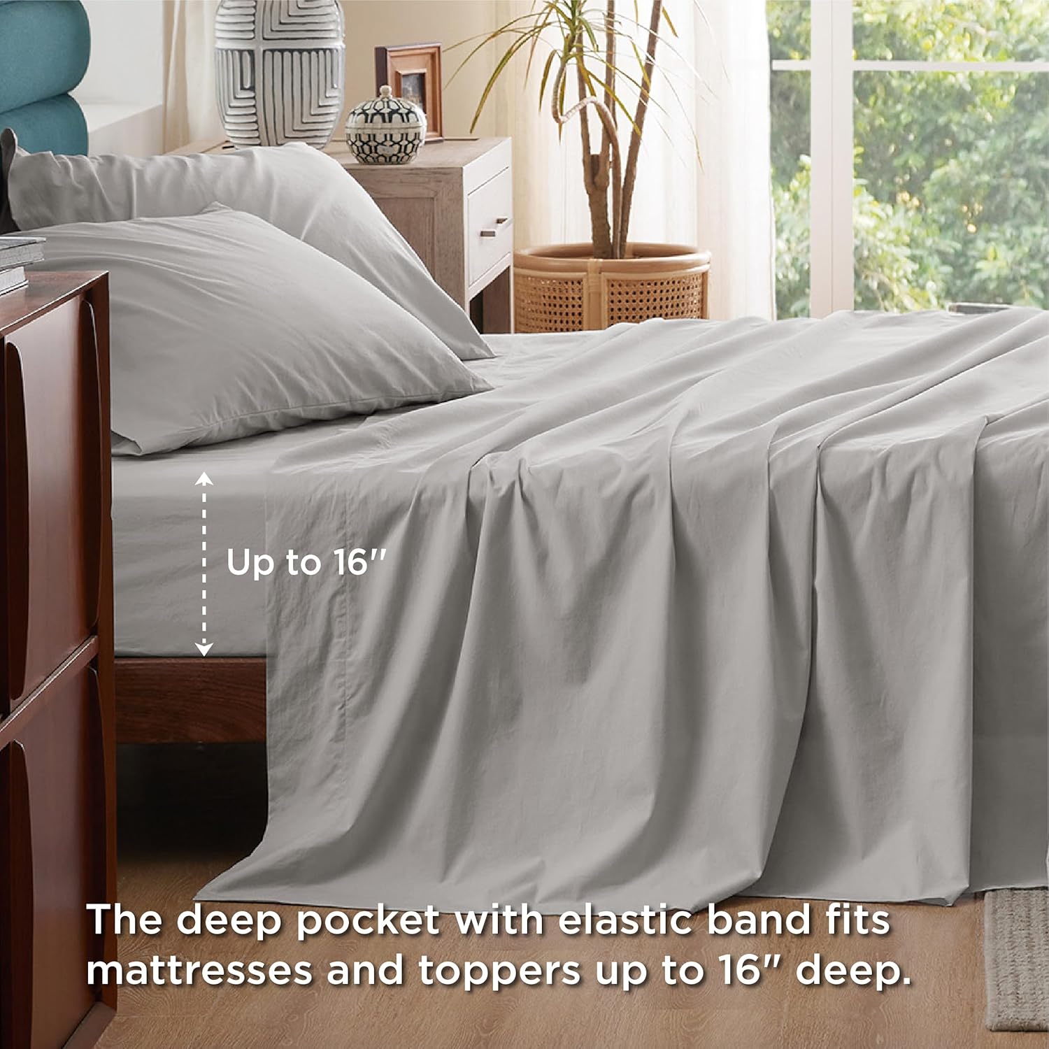 Solavo grey king sheets styled in modern bedroom
